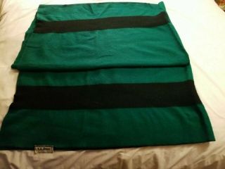 Vintage Ll Bean Warm Forest Green Wool Camp Blanket Black Stripe 70 " X 90 "