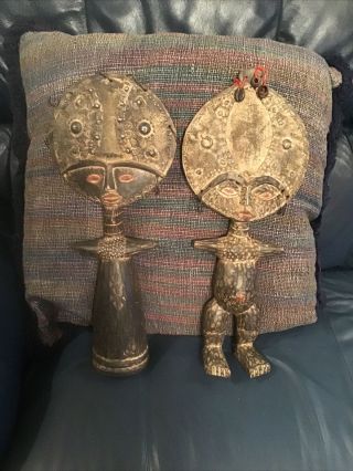 2 Vintage Wooden Hand Carved African Tribal Aboriginal Statues