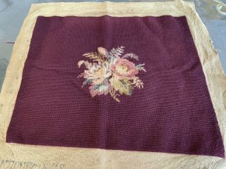 Antique Vintage Wool Needlepoint Pillow Seat Chair Cover Maroon With Pink Rose