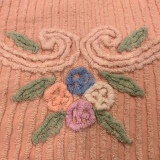 Vintage Chenille Full Twin Bedspread Rose Floral Flowers Pink Cutter