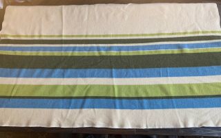 Vintage Wool Blanket Stripes Blue Green 82” X 70”