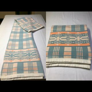 VTG 1920 - 30’ Camp Blanket Lt Blue,  White,  Peach Art Deco Pattern.  Vintage 1920’ 3