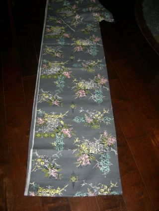 Vintage Mid Century Barkcloth Fabric 12 Yards X 36 " Grey W/ Black Pink Aqua