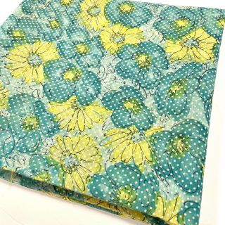 Vintage Flocked Floral Daisy Dotted Swiss Fabric Material Flowers Blue Yellow
