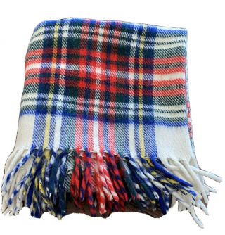 Vintage 100 Wool Red White Blue Plaid Blanket Throw Horner Woolen Mills 56wx60l