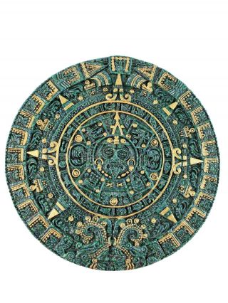 Vintage Aztec Solar Sun Inlay Stones Calendar Plaque Maya Inca Sculpture 10 " D