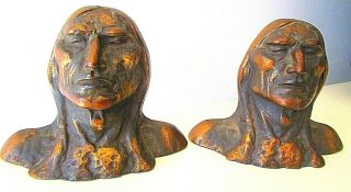 Vintage Set Of Cast Iron Native American Indian Heavy Bookends 5 " X6.  5 "