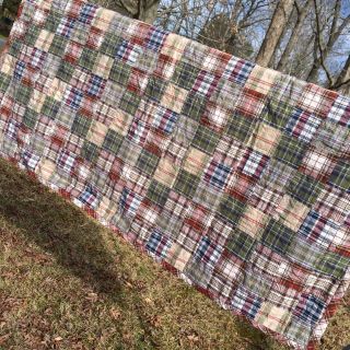 Vintage Green Red Blue Plaid Country Patchwork Quilt Full Size Quilt 64” X 88”