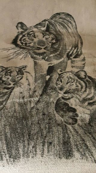 Vintage San Marcos Blanket Lion with Cubs Queen Size Black Tan Reversible EUC 2