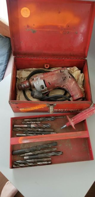 Milwaukee 1/2 " Heavy Duty Corded Drill With Vintage Metal Case And Drill Bits