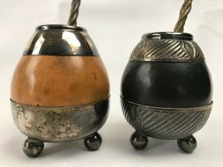 Two Vintage Argentina Alpaca Yerba Mate Gourd Cups W/ Industria Bombilla Straws