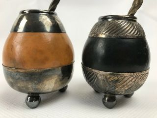 Two Vintage Argentina Alpaca Yerba Mate Gourd Cups w/ Industria Bombilla Straws 2