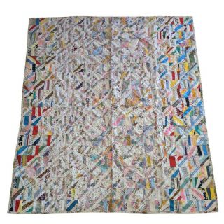 Vintage Hand Stitched Quilt Random Block Strip Pattern Approx 86 " By 74 1/2 "