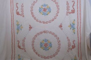 Vintage 1962 Floral Twin Chenille Bedspread White With Pink Yellow Blue & Green