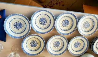 7 Vintage Chinese Porcelain Rice Eye Dragon Pattern Blue & White Bowls 6 "