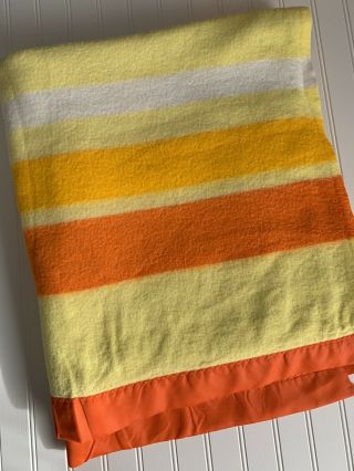 Vintage Bright Yellow Orange Stripes Acrylic Blanket Satin Trim 74 X 82 Soft