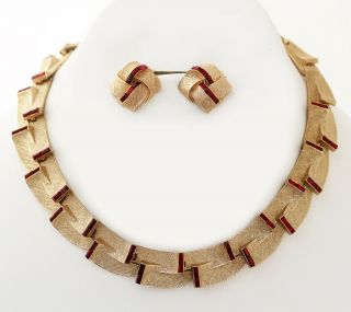 Lisner Mid Century Necklace Earrings Set,  Brushed Gold Tone Ruby Rhinestones Vtg