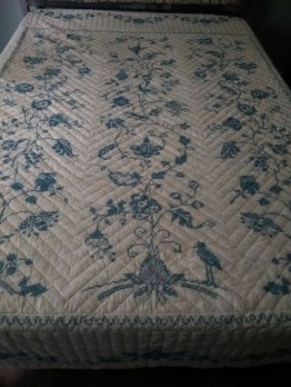 Vintage Embroidered Quilt Cross Stitch Handmade Blue 82 X 94 Inch Full Double