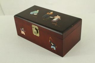 Vintage Asian Chinese Art Wood Jewelry Mirror Box Turtle Clasp Hand Painted