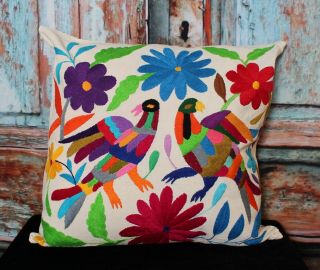 9 Otomi Hand Embroidered Decorative Pillow Cover Two Birds Mexican Folk Art
