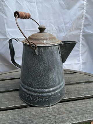 Large Vintage Mottled Gray Enamel Ware Graniteware Cowboy Coffee Pot Camp Kettle