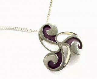 Vintage Ola Gorie Orkney Scottish Silver Purple Enamel Pendant Necklace - Boxed