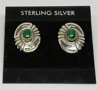 Vintage Navajo Signed Native American Sterling Silver And Malachite Earrings