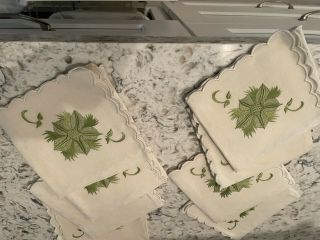Set Of 8 Vintage Embroidery White Linen Dinner And 8 Cocktail Tea Napkins -