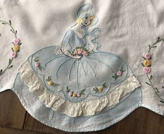 A,  Vintage Full Cotton Apron Embroidered Tinted Crinoline Lady Southern Belle