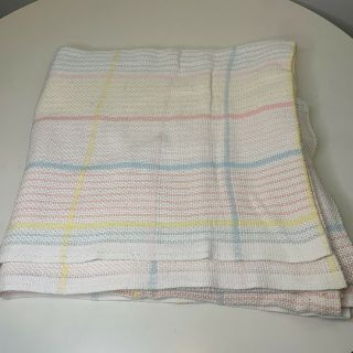 Vintage Thermal Waffle Weave Knit Acrylic Blanket White With Pink And Blue
