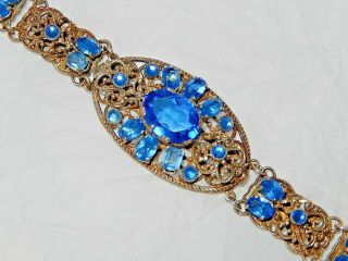 Vintage Art Deco Czech Filigree Cornflower Blue Stone Set Panel Bracelet.