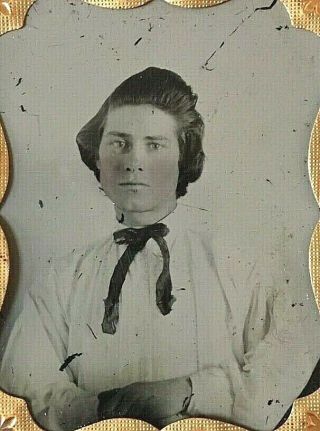 VERY HANDSOME YOUNG CIVIL WAR ERA LAD 1/9 PLATE TINTYPE WITH PRESERVER AND MAT 2