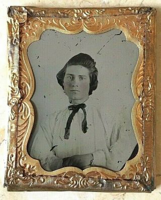 VERY HANDSOME YOUNG CIVIL WAR ERA LAD 1/9 PLATE TINTYPE WITH PRESERVER AND MAT 3