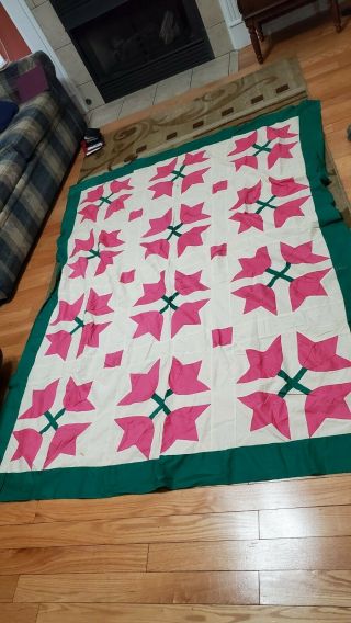 Vintage Patchwork Quilt Top - Tulips - Pink & Green - 70 " By 88 " - Hand Stitched