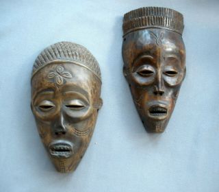 2 Vintage African Tribal Hanging Mask Superbly Hand Carved Wood Folk Art Awesome