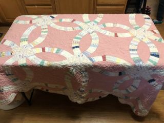 Vintage Hand Pieced Quilt Top For Full Sized Bed; Pink