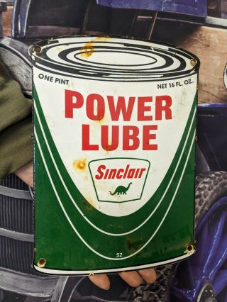 Vintage Dated 1952 Sinclair Power Lube Motor Oil Can Porcelain Gas Pump Sign