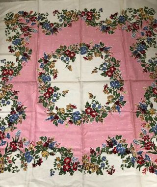 Vintage Pink Polka Dot Morning Glory Flower Tablecloth 52 By 52 1/2