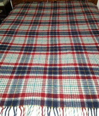 Pendleton Blanket Virgin Wool Fringe Blue Red Green Plaid Made In Usa 51 " X 75 "
