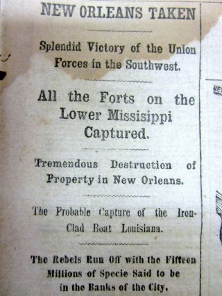 2 1862 Civil War Newspaper Capture Of Orleans Louisiana By Union Forces Map