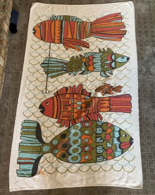 Vtg Old 1960’s 70’s Mod Fish Fishing Beach Bath Towel By Terry Treasure Rare Wow