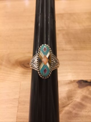Vintage Sterling Silver Inlay Stone Native American Ring Signed R Size 11