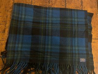 Vintage Pendleton Wool Blanket Throw W/fringe Blue Tartan Plaid Large 50x70 "