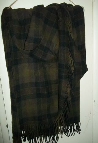 Vintage Pendleton Wool Blanket Throw W/fringe Olive Tartan Plaid Large 50x70 "