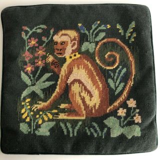 Vintage Wool Needlepoint Pillow Cover Monkey Floral Flowers 14x14