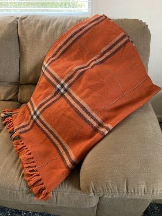 Throw Blanket 100 Virgin Wool Orange Plaid Fringe Three Weavers Texas Handwoven