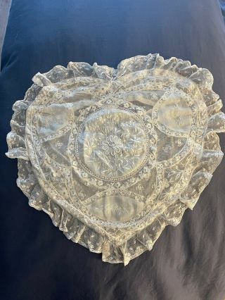 Vintage 1900’s Antique Lace Boudoir Heart Pillow Cover/ Sham Ruffles
