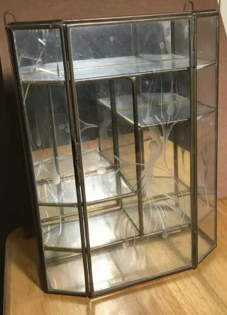 Vintage Brass & Glass Miniature Display Case Etched Hanging Shelf Curio Cabinet