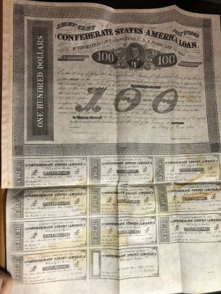 1863 Confederate States $100 Bond With All Coupons Attached