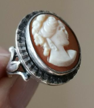 Victorian Revival Vintage Sterling Silver Carved Shell Cameo Ring Sz O